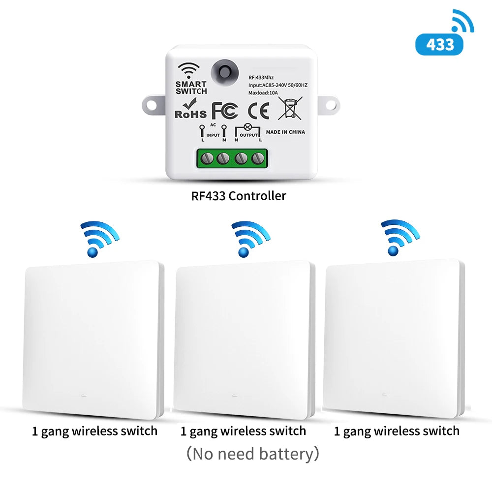 SIXWGH 433MHz Smart Wireless Switch 10A/AC100-240V Waterproof/No Wiring Installation Smart Remote Control Home