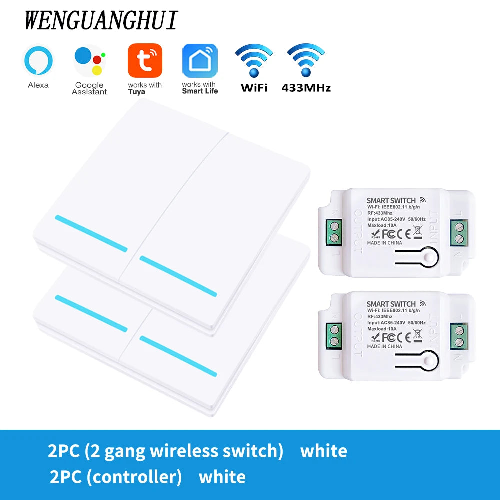 Tuya Smart Switch 1/2/3 Gang Wireless RF 433Mhz Push Button Panel,Smart Home Improvement Timer Module Supports Google Home Alexa