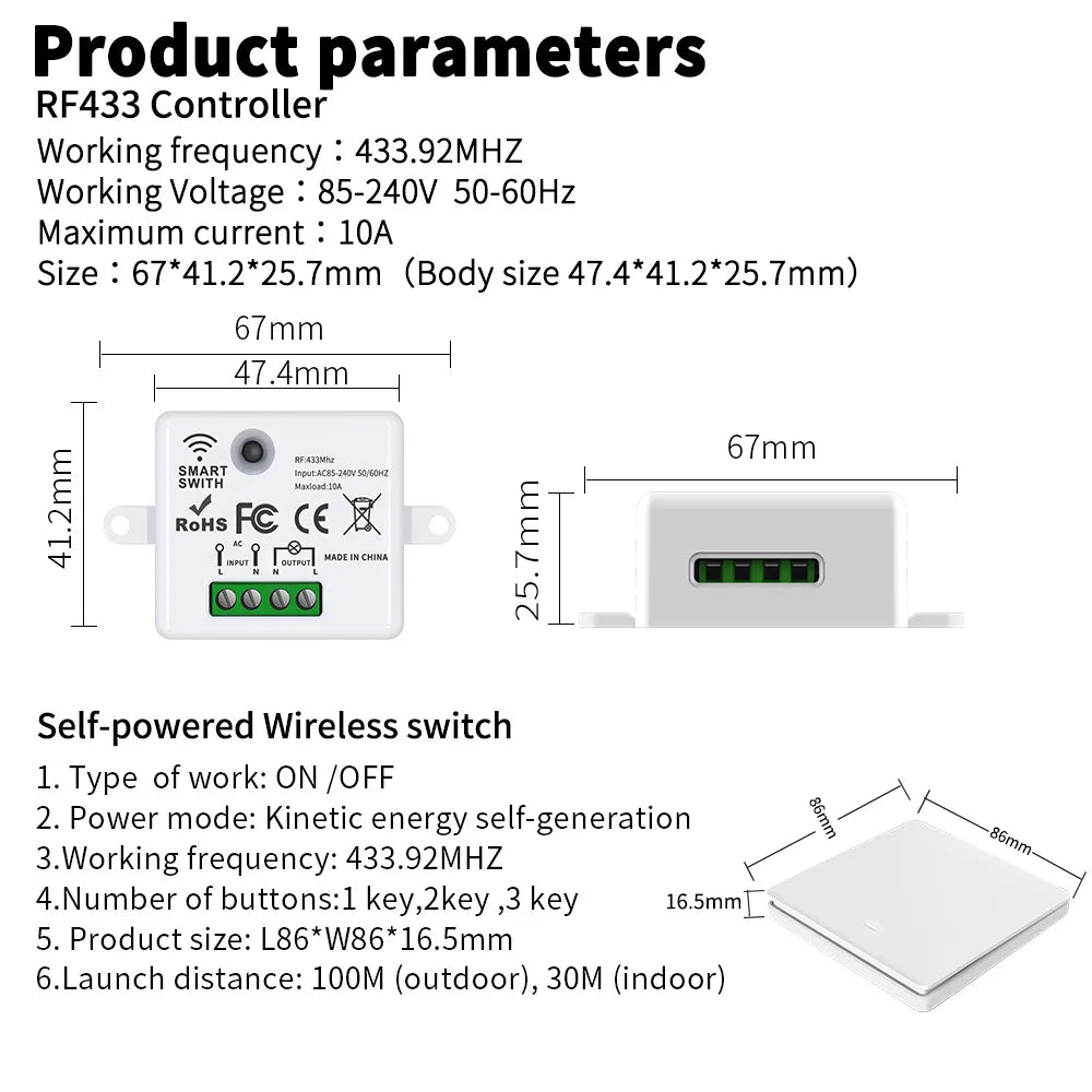 Self-powered RF433 remote control switch Kinetic energy switch can be freely attached cross-border staircase switch multi-on mul