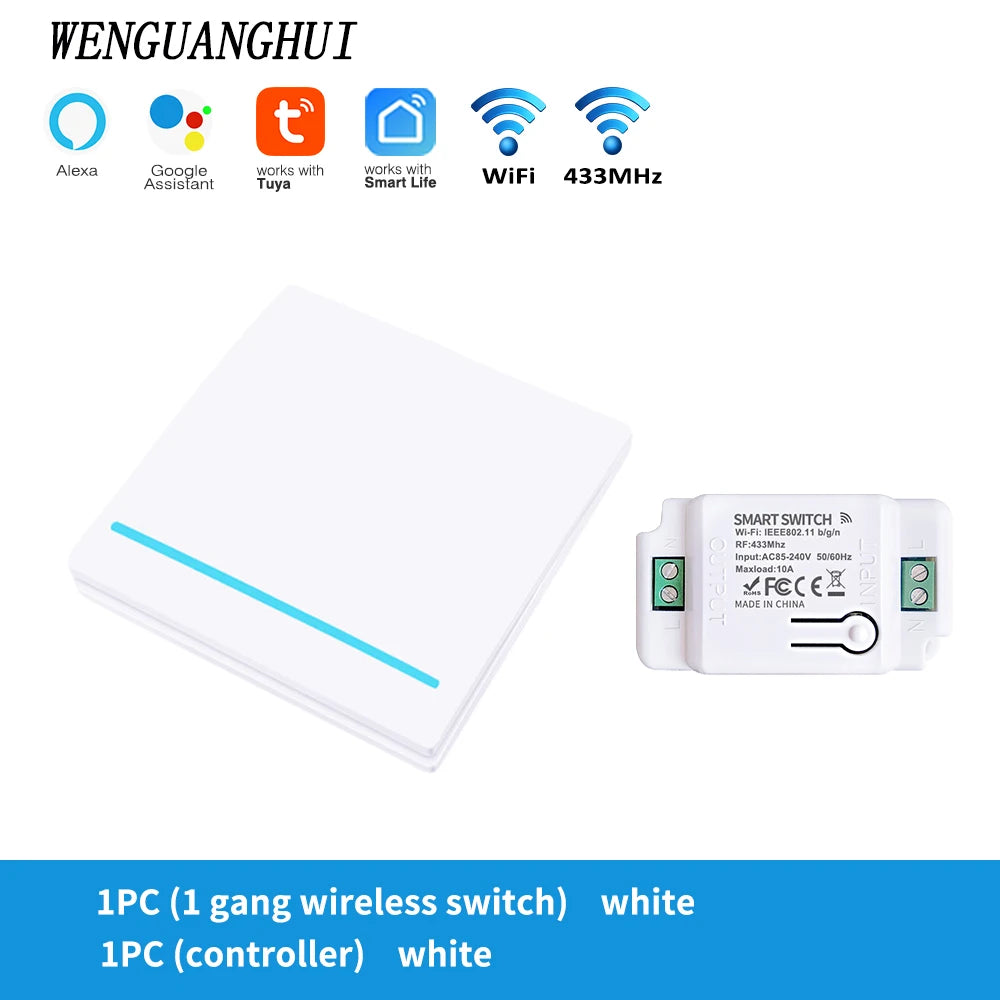 Tuya Smart Switch 1/2/3 Gang Wireless RF 433Mhz Push Button Panel,Smart Home Improvement Timer Module Supports Google Home Alexa