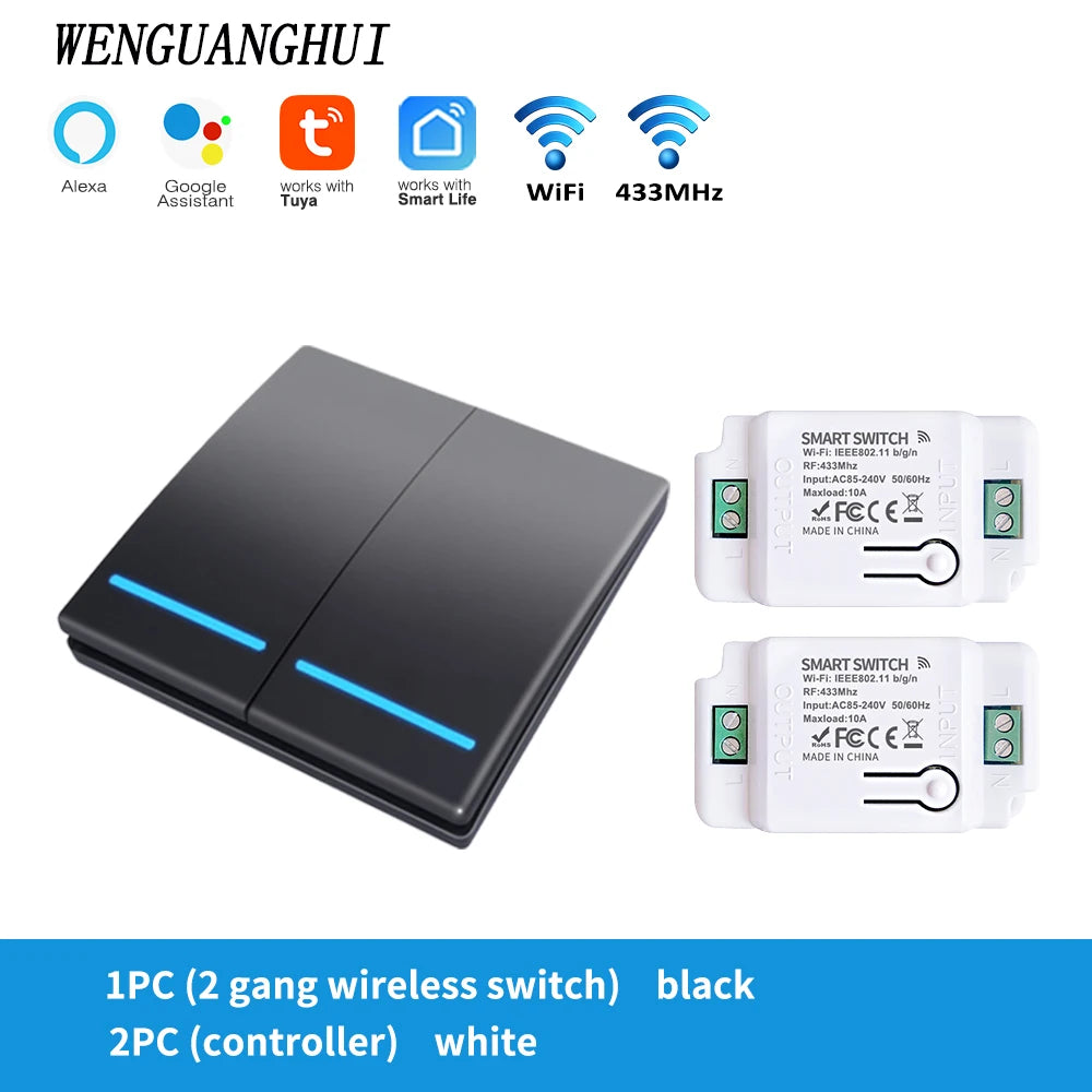 Tuya Smart Switch 1/2/3 Gang Wireless RF 433Mhz Push Button Panel,Smart Home Improvement Timer Module Supports Google Home Alexa