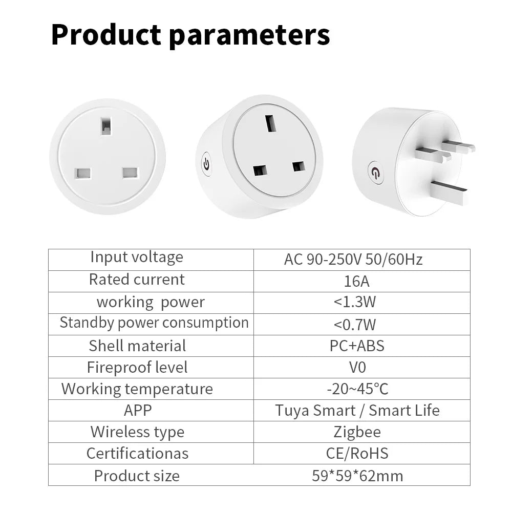 Tuya Zigbee smart socket with British standard plug directly connected to ALexa speaker, British standard 16A with metering stat