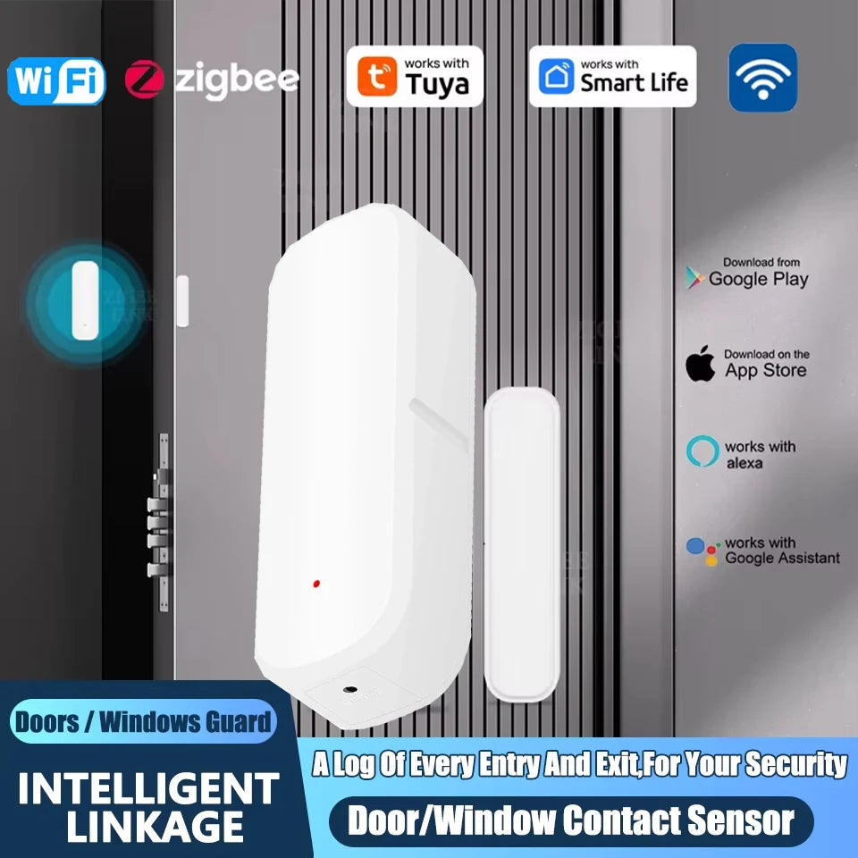 Tuya ZigBee or WiFi Door Window Sensor Wireless Magnetic Alarm Detector Home Security Anti-Theft APP Control Works with Alexa Go