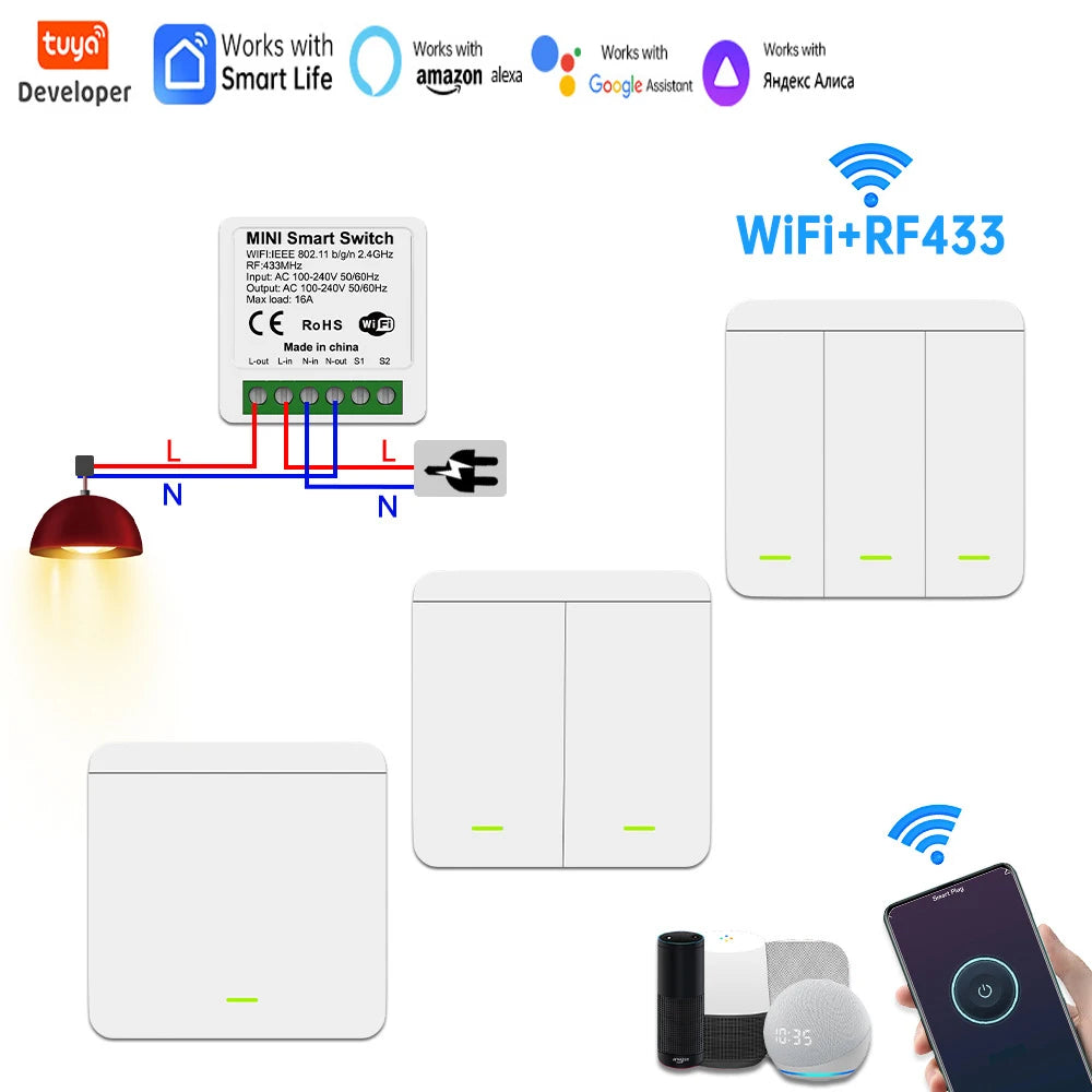 Tuya WiFi Smart Light Switch Smart Home Wireless RF 433mhz Push Button Wall Switch Via Alexa Google Home Alice Smart Life App