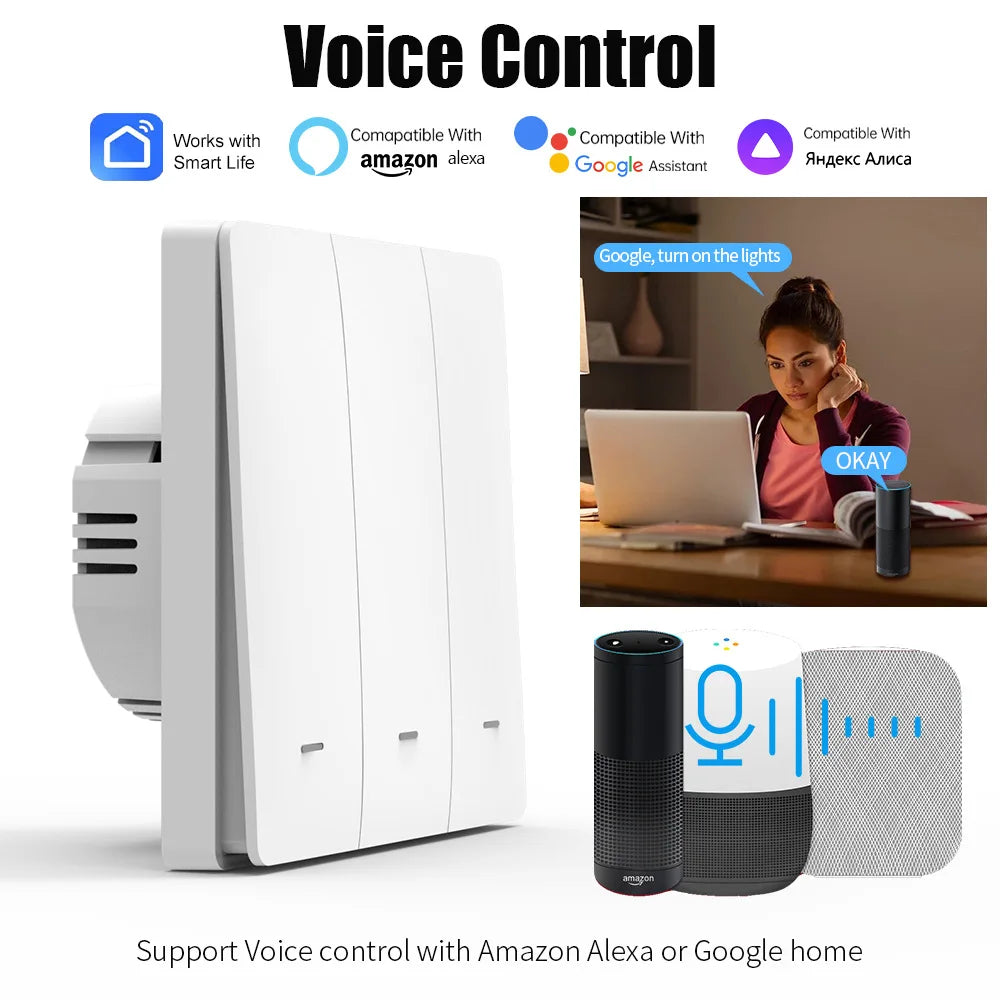 Tuya WiFi Smart 86-type wall-mounted switch with 8 buttons, single hot wire, remote control available, voice-controlled