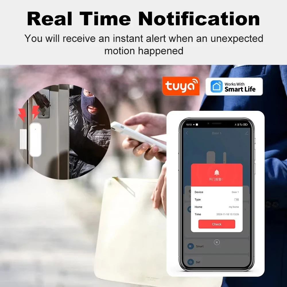 Tuya ZigBee or WiFi Door Window Sensor Wireless Magnetic Alarm Detector Home Security Anti-Theft APP Control Works with Alexa Go