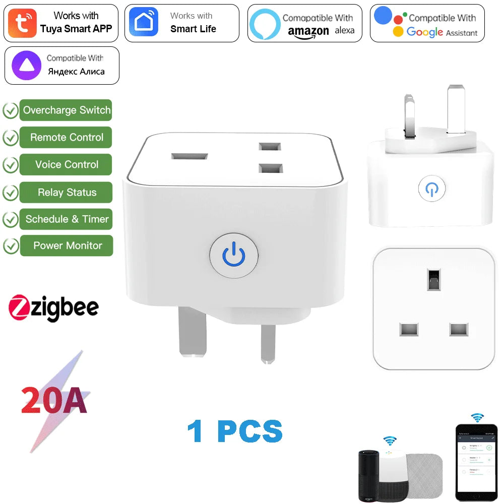 TUYA smart socket with WiFi, British plug, Zigbee 3.0, Alexa voice control, British standard, 16A/20A with metering capability