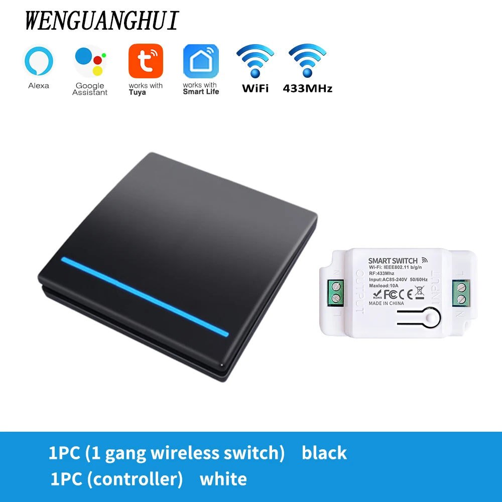 Tuya Smart Switch 1/2/3 Gang Wireless RF 433Mhz Push Button Panel,Smart Home Improvement Timer Module Supports Google Home Alexa