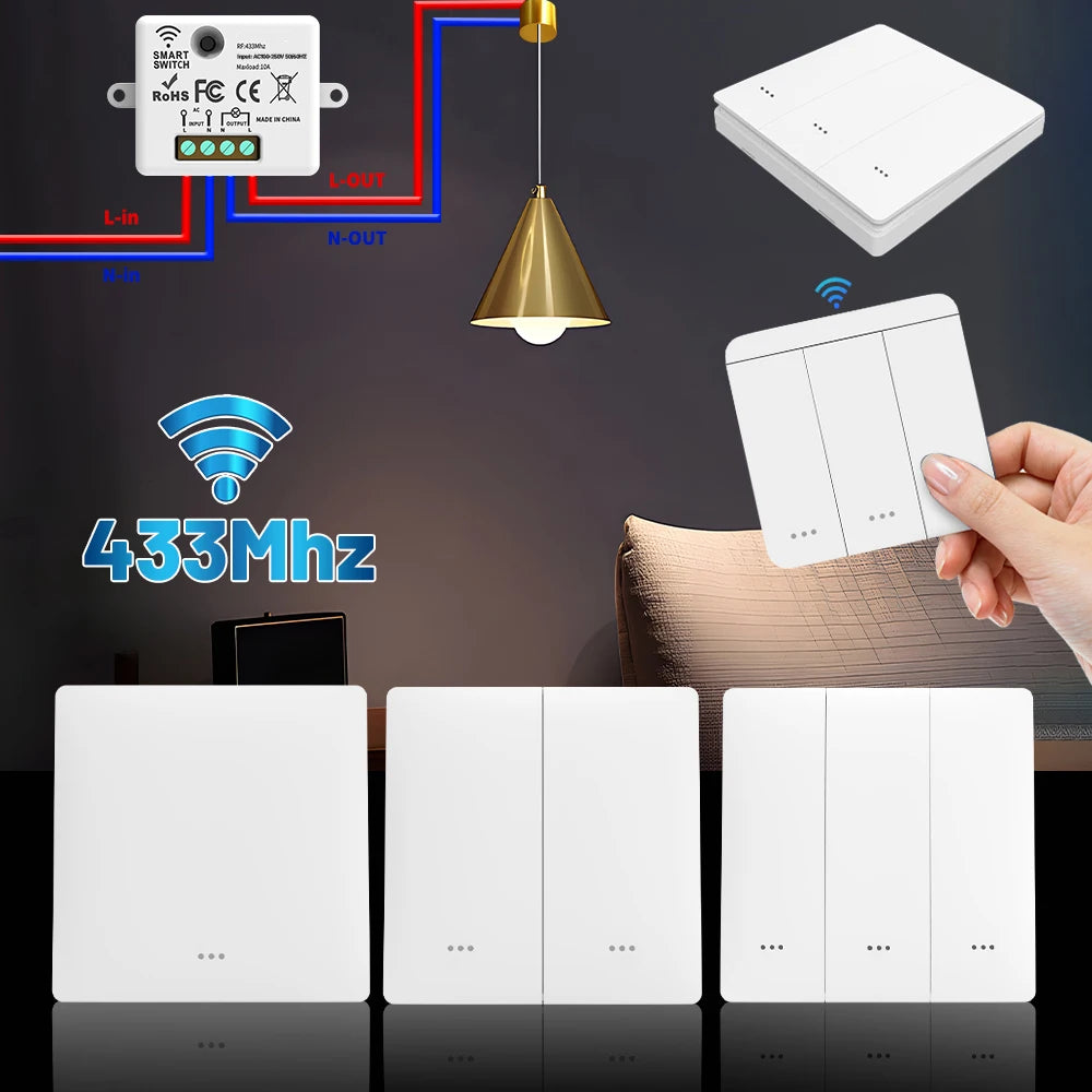 RF433 wireless remote control switch for easy wireless installation. Intelligent control of lighting and electrical appliances.