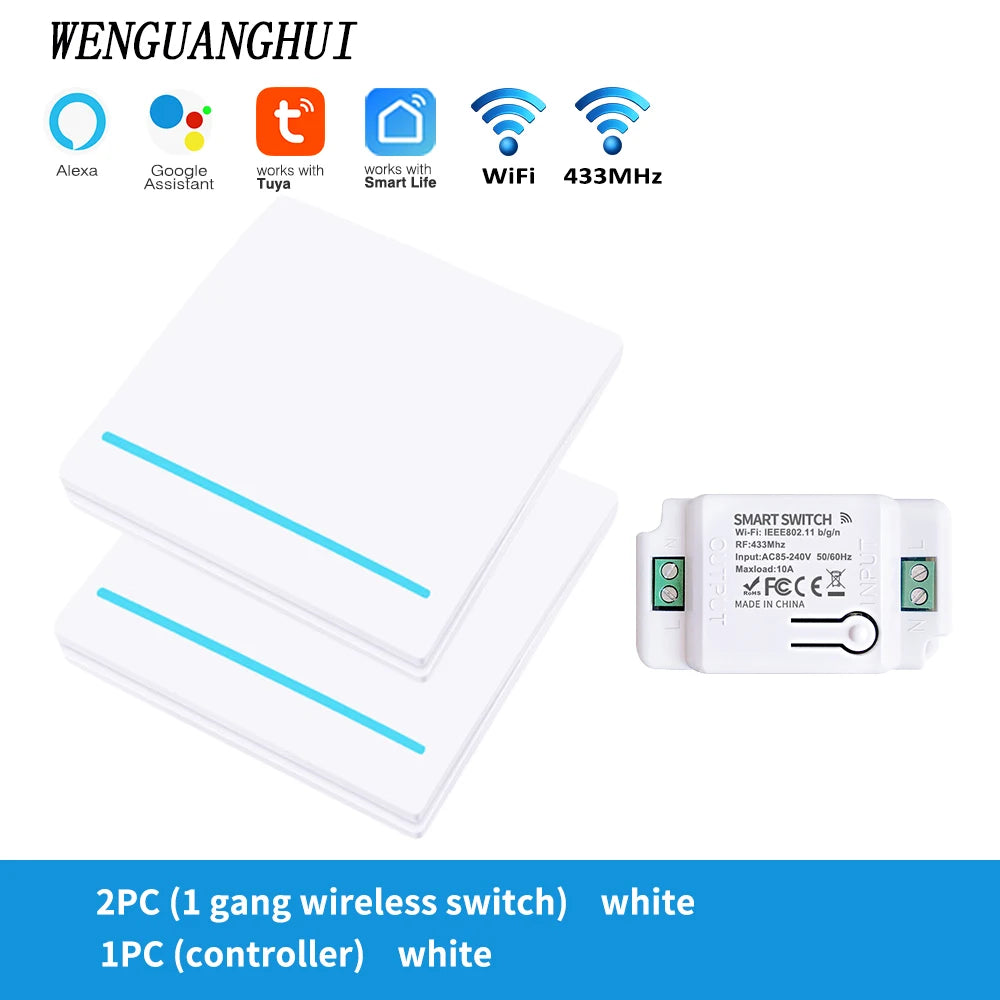 Tuya Smart Switch 1/2/3 Gang Wireless RF 433Mhz Push Button Panel,Smart Home Improvement Timer Module Supports Google Home Alexa
