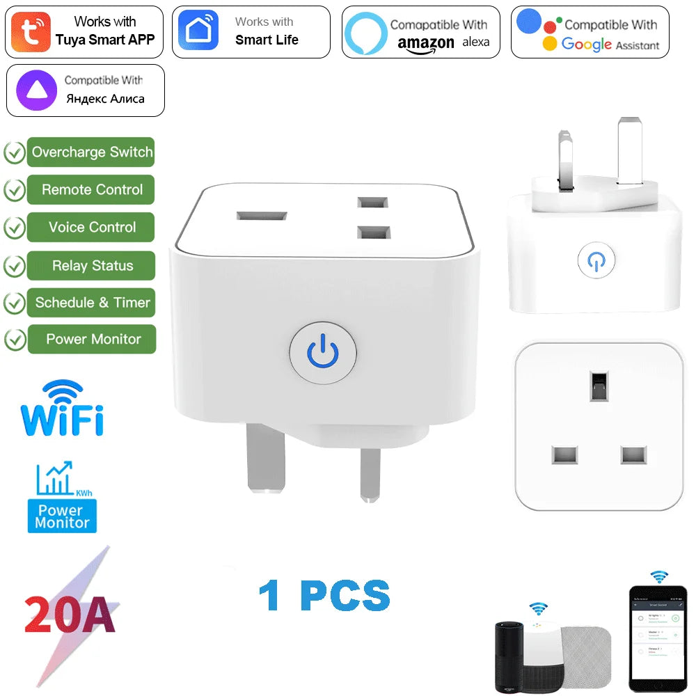 TUYA smart socket with WiFi, British plug, Zigbee 3.0, Alexa voice control, British standard, 16A/20A with metering capability