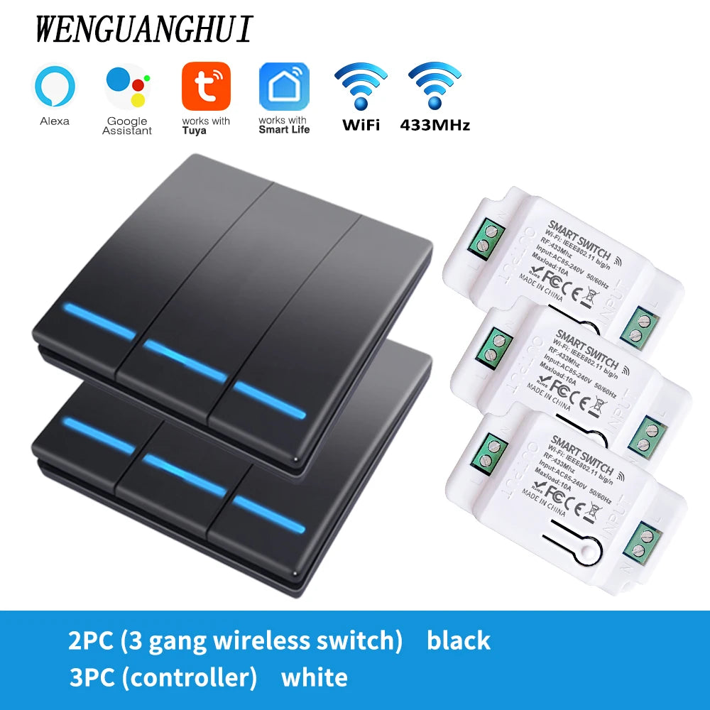 Tuya Smart Switch 1/2/3 Gang Wireless RF 433Mhz Push Button Panel,Smart Home Improvement Timer Module Supports Google Home Alexa