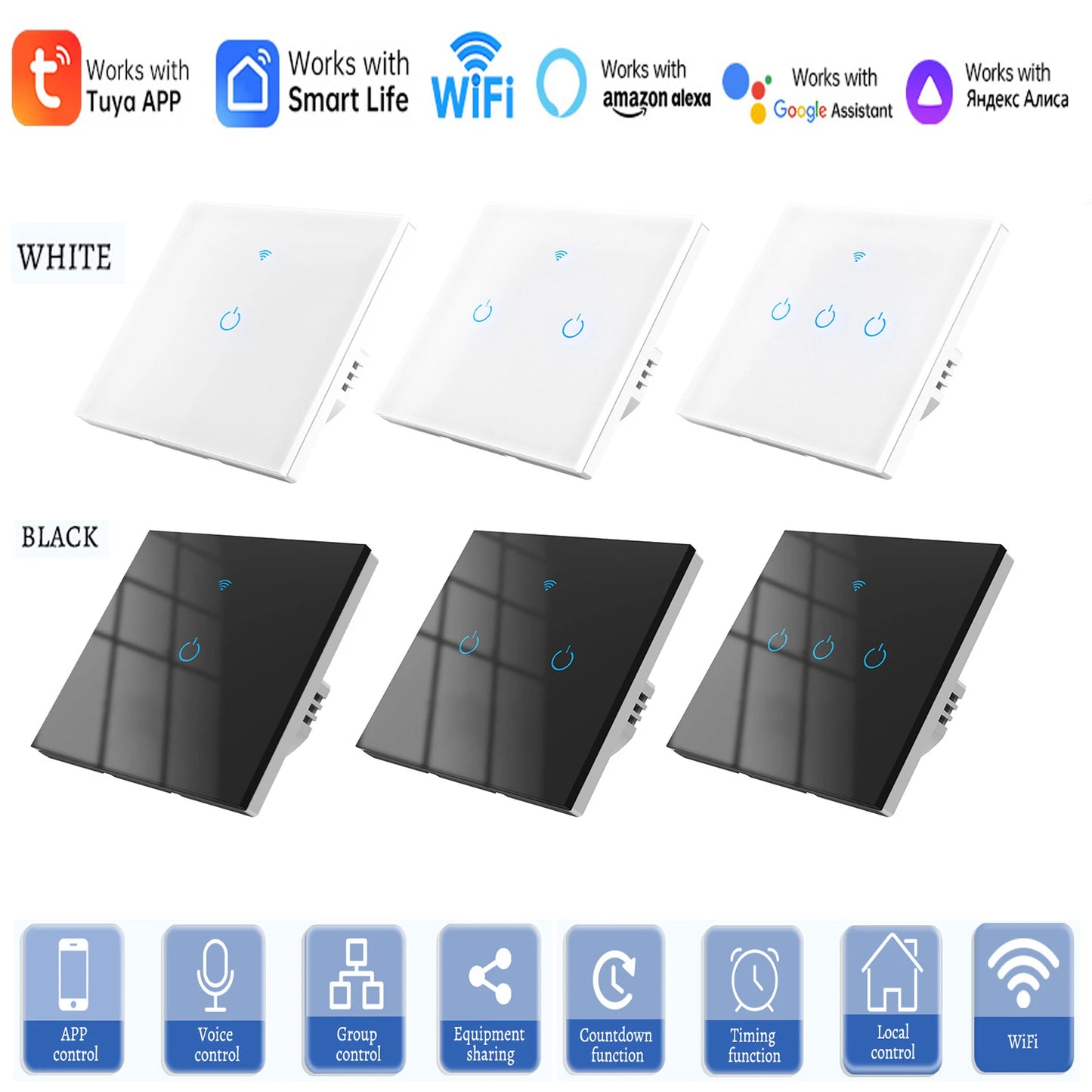 Tuya EU Smart WIFI Touch Switch with Alexa Voice Control for Wall-mounted WiFi Smart Switch with Single Hot Wire