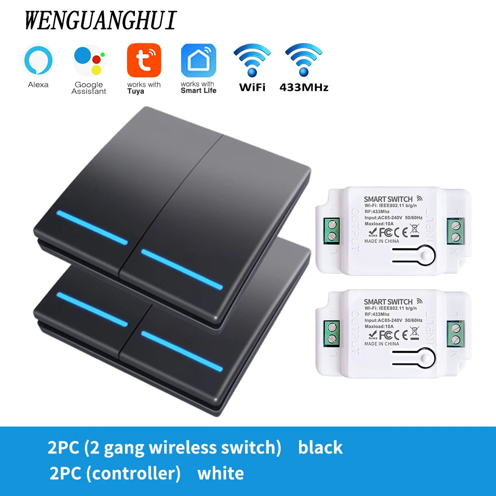 Tuya Smart Switch 1/2/3 Gang Wireless RF 433Mhz Push Button Panel,Smart Home Improvement Timer Module Supports Google Home Alexa
