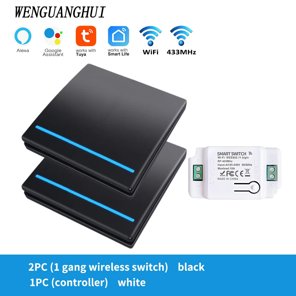 Tuya Smart Switch 1/2/3 Gang Wireless RF 433Mhz Push Button Panel,Smart Home Improvement Timer Module Supports Google Home Alexa