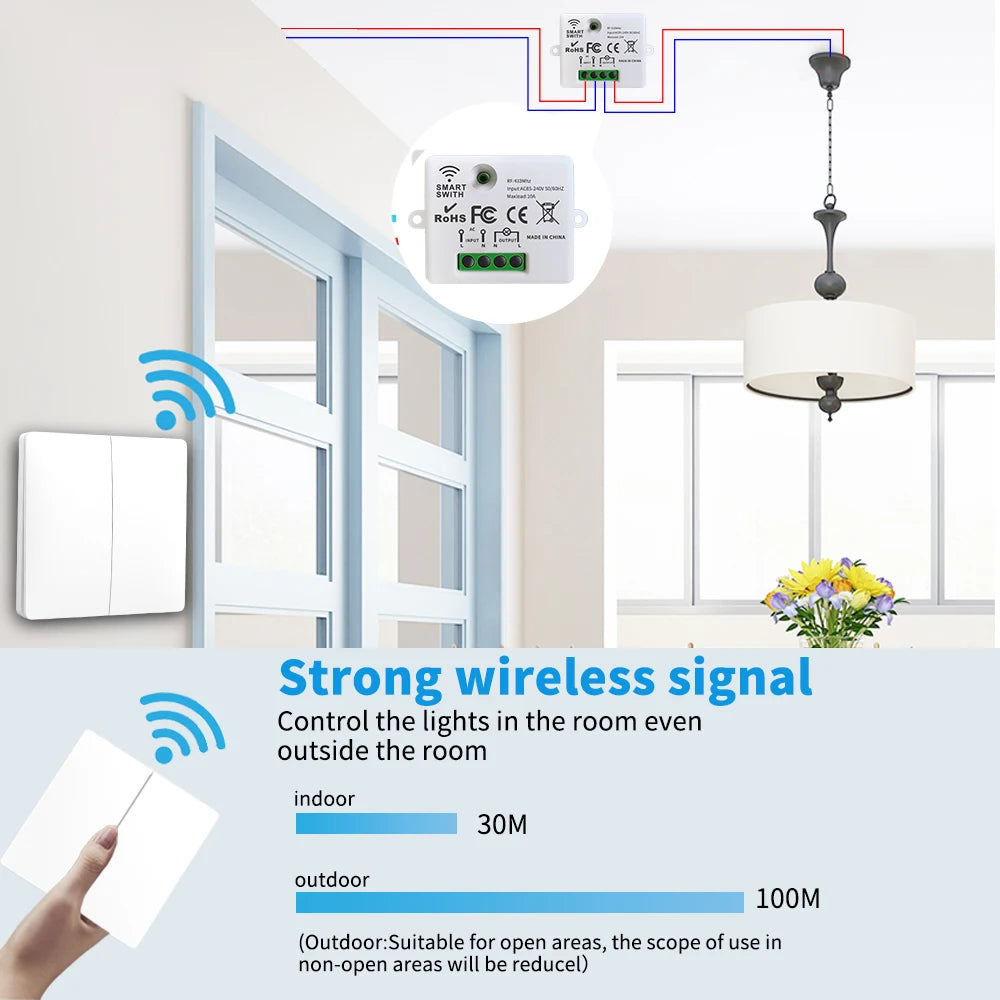 SIXWGH 433MHz Smart Wireless Switch 10A/AC100-240V Waterproof/No Wiring Installation Smart Remote Control Home
