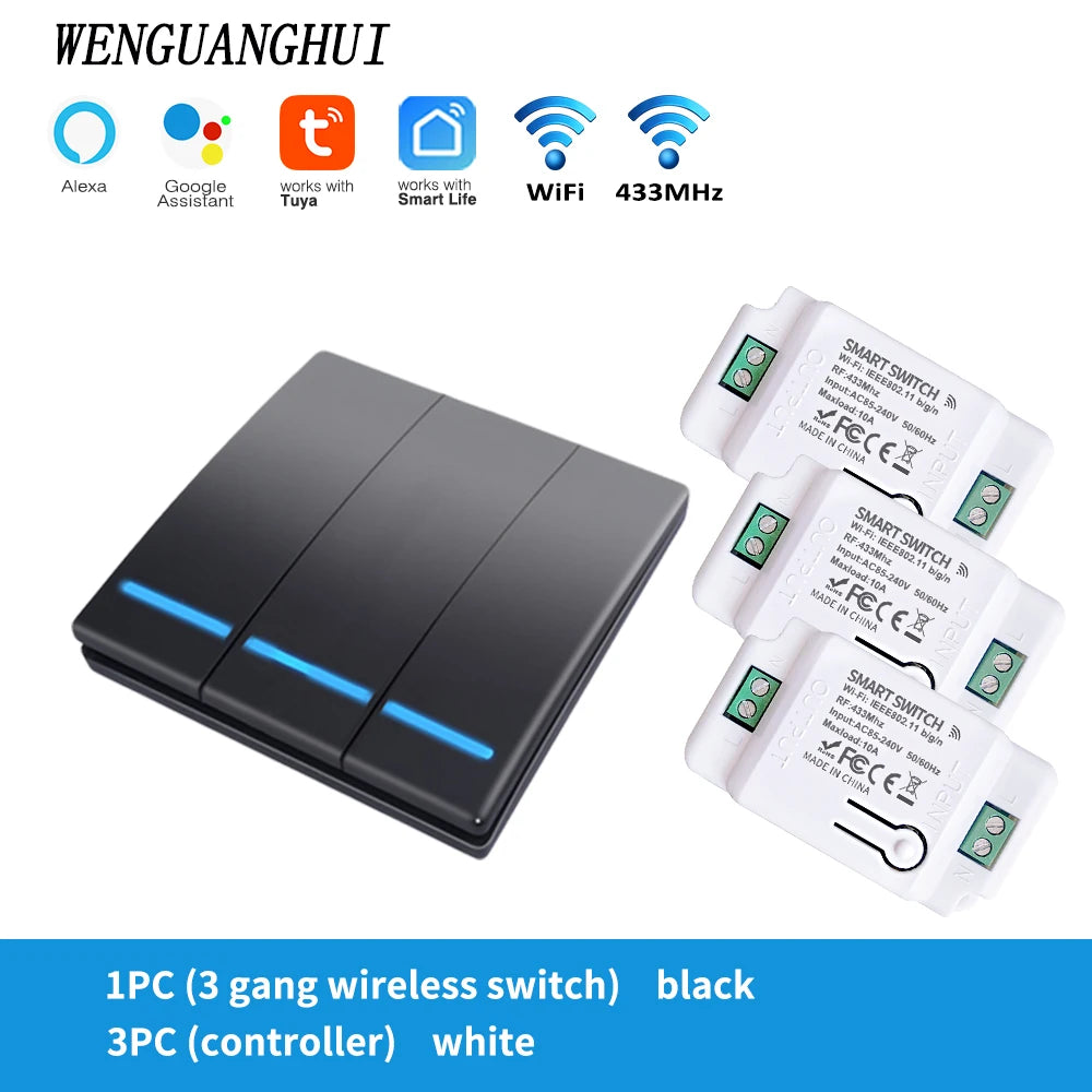 Tuya Smart Switch 1/2/3 Gang Wireless RF 433Mhz Push Button Panel,Smart Home Improvement Timer Module Supports Google Home Alexa