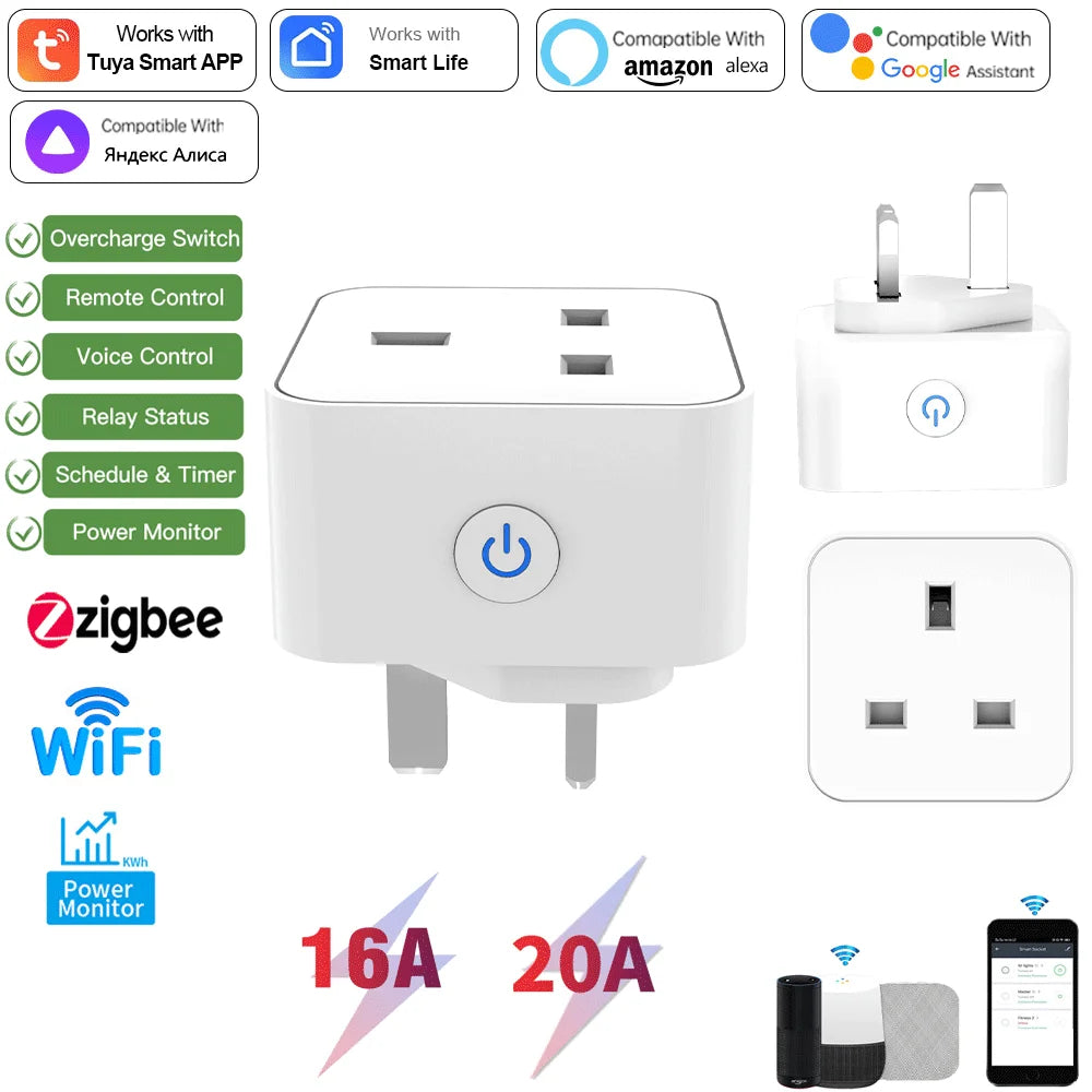 TUYA smart socket with WiFi, British plug, Zigbee 3.0, Alexa voice control, British standard, 16A/20A with metering capability