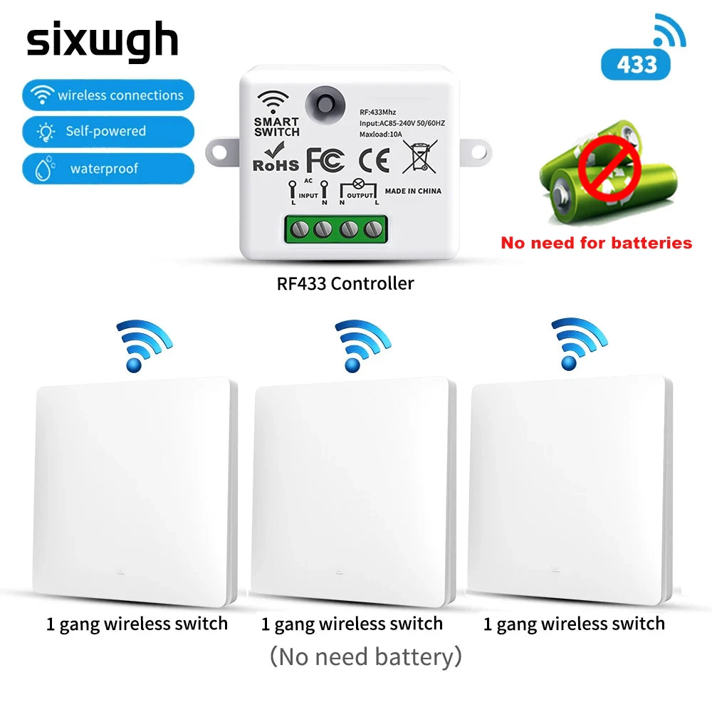 SIXWGH 433MHz Smart Wireless Switch 10A/AC100-240V Waterproof/No Wiring Installation Smart Remote Control Home