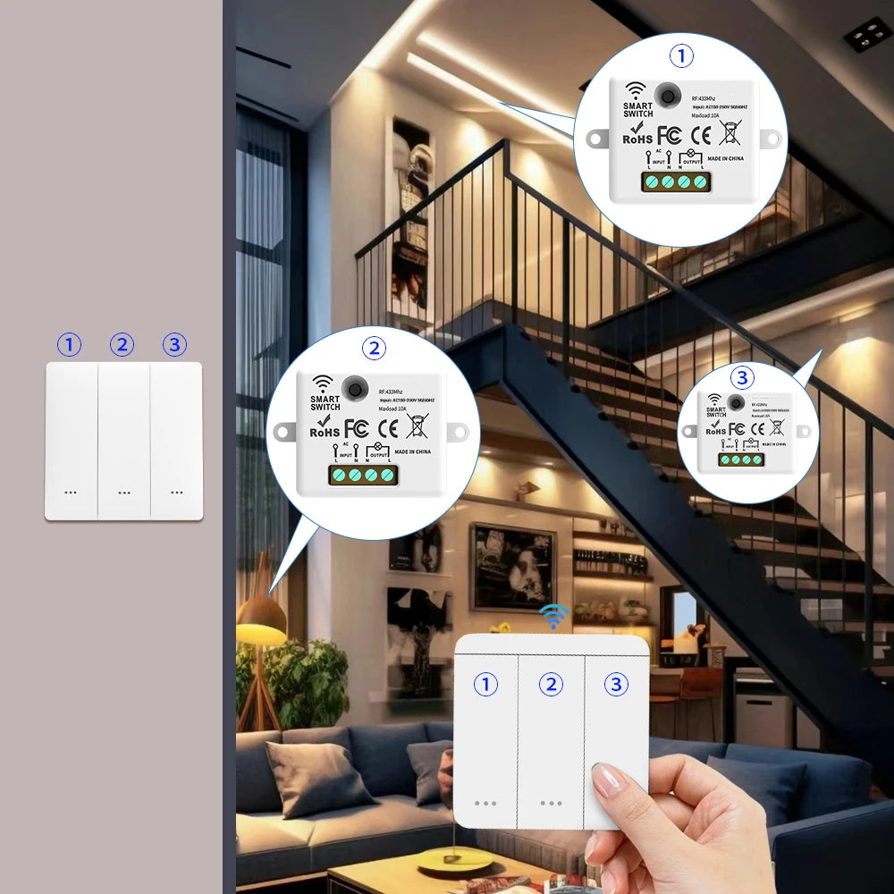 RF433 wireless remote control switch for easy wireless installation. Intelligent control of lighting and electrical appliances.