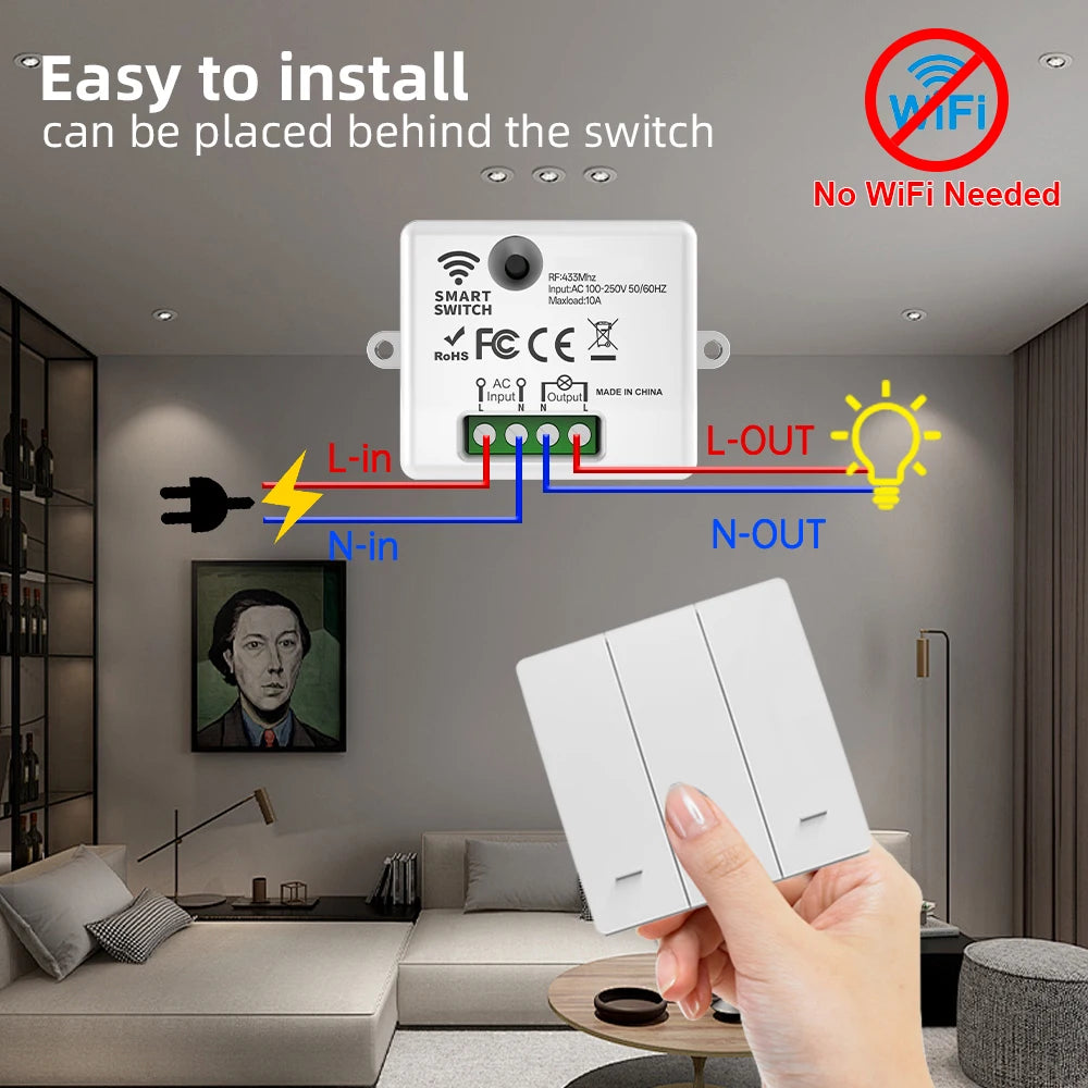 Tuya WiFi + RF433 Wireless Wall Switch Kit, Works with Alexa & Google Home, 16A Smart Receiver Module