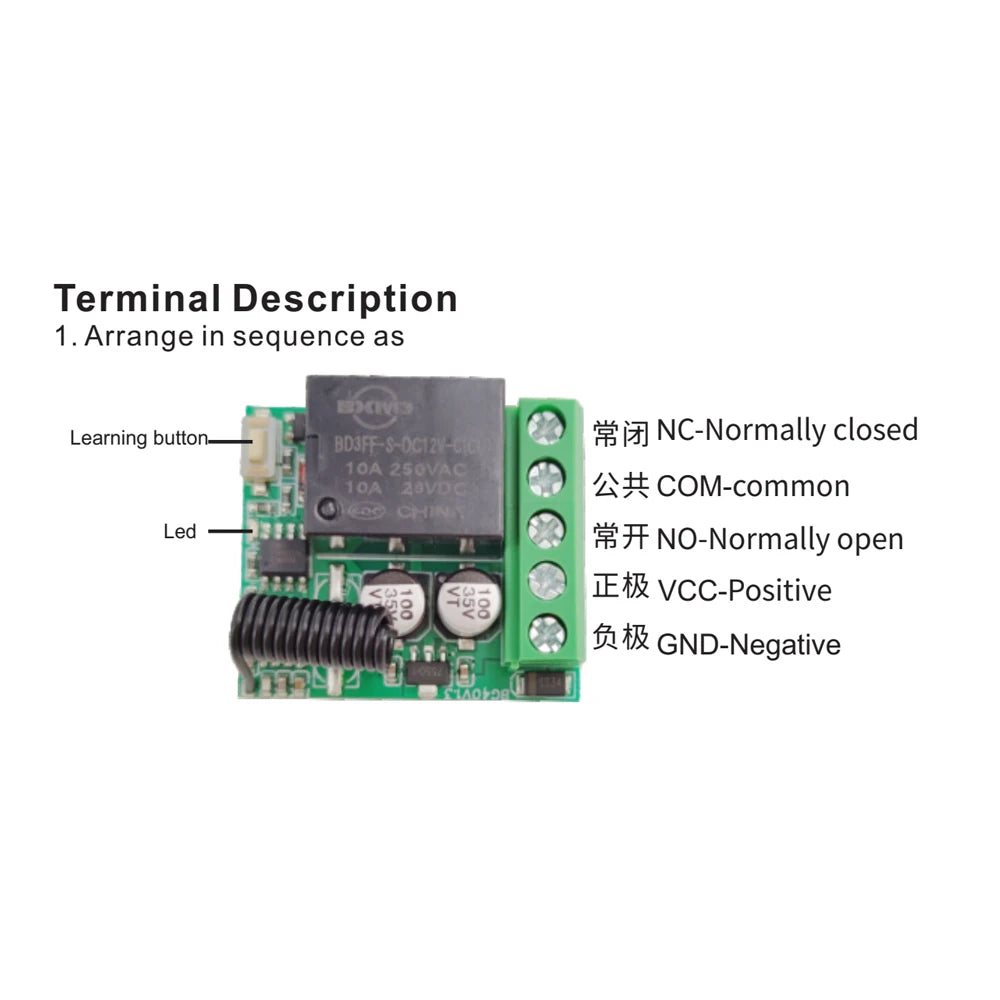 LakiSmart Universal DC 12V 1-Channel RF Relay Receiver & Remote Control Kit - 433MHz Wireless Switch - 10A Heavy Duty for Gate/Garage/DIY