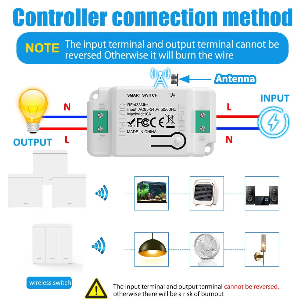 Wireless remote control switch RF433, freely attached antenna, indoor and outdoor staircase switch
