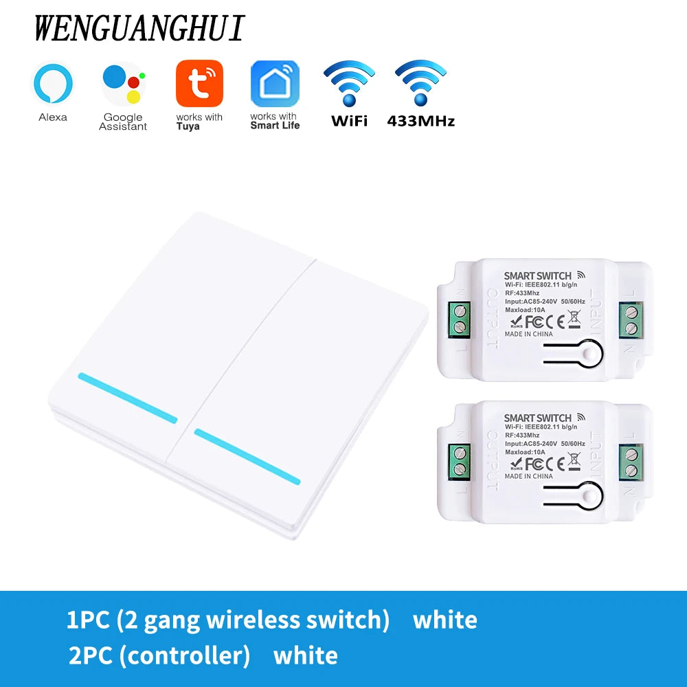 Tuya Smart Switch 1/2/3 Gang Wireless RF 433Mhz Push Button Panel,Smart Home Improvement Timer Module Supports Google Home Alexa