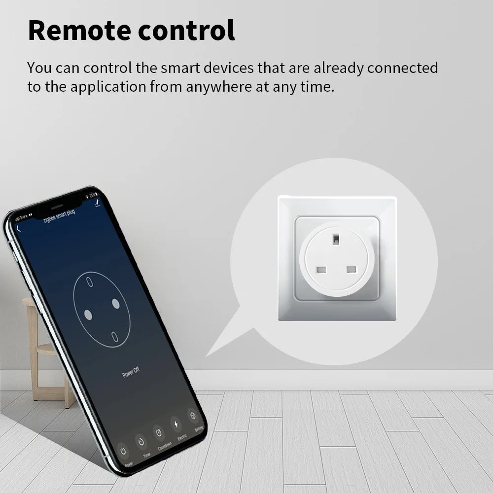Tuya Zigbee smart socket with British standard plug directly connected to ALexa speaker, British standard 16A with metering stat