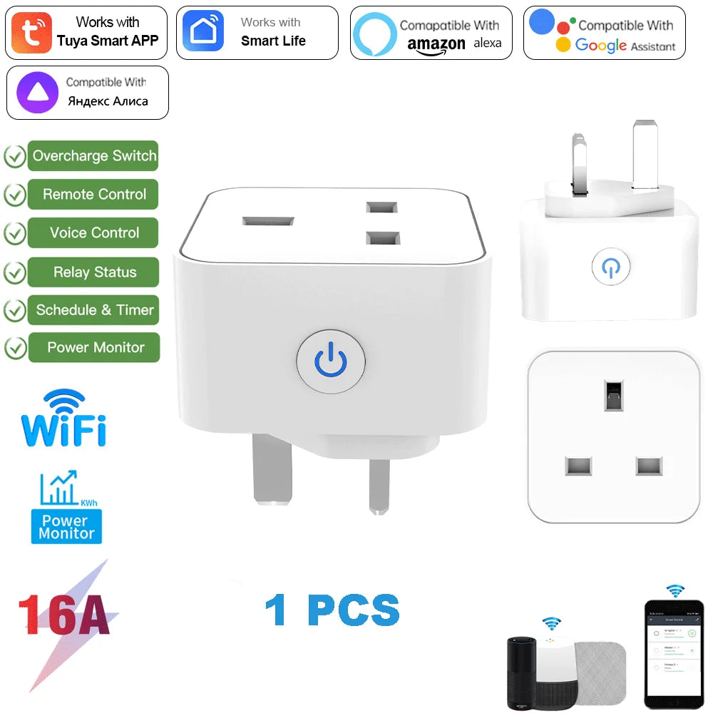 TUYA smart socket with WiFi, British plug, Zigbee 3.0, Alexa voice control, British standard, 16A/20A with metering capability
