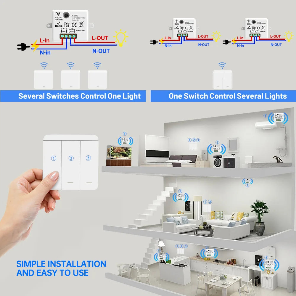 The wireless remote control RF433 switch can be modified without wiring and can be easily attached to a household controller