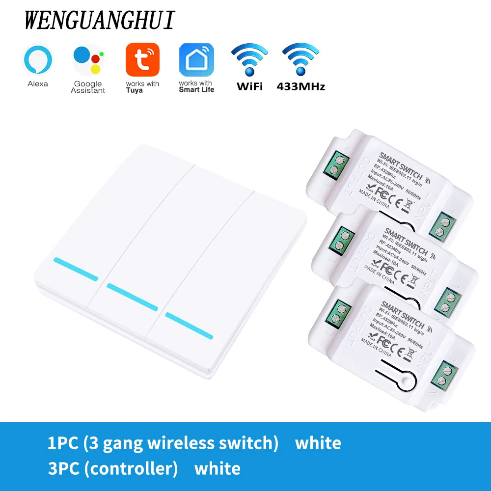 Tuya Smart Switch 1/2/3 Gang Wireless RF 433Mhz Push Button Panel,Smart Home Improvement Timer Module Supports Google Home Alexa