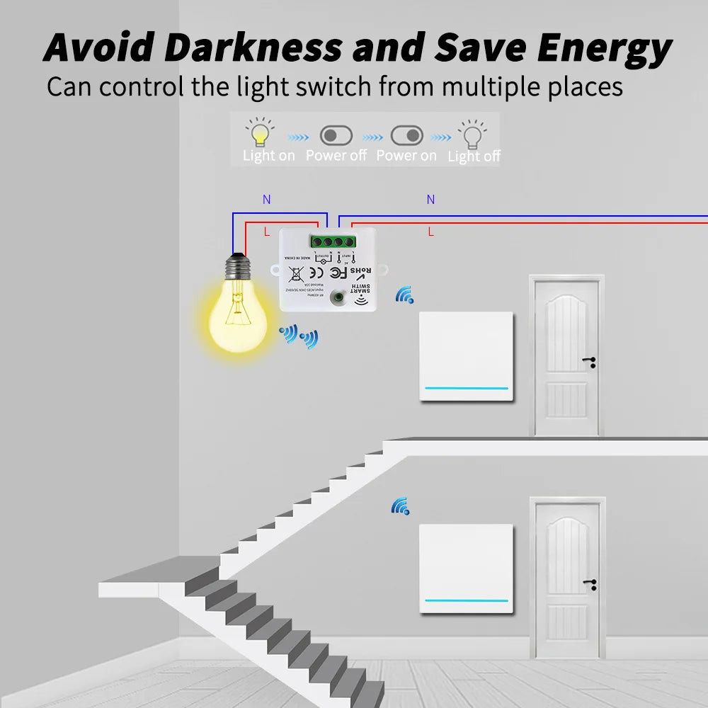 Remote control switch RF433 remote switch without wiring, can be freely attached to lighting switches, stair switches