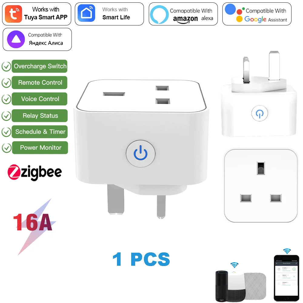TUYA smart socket with WiFi, British plug, Zigbee 3.0, Alexa voice control, British standard, 16A/20A with metering capability
