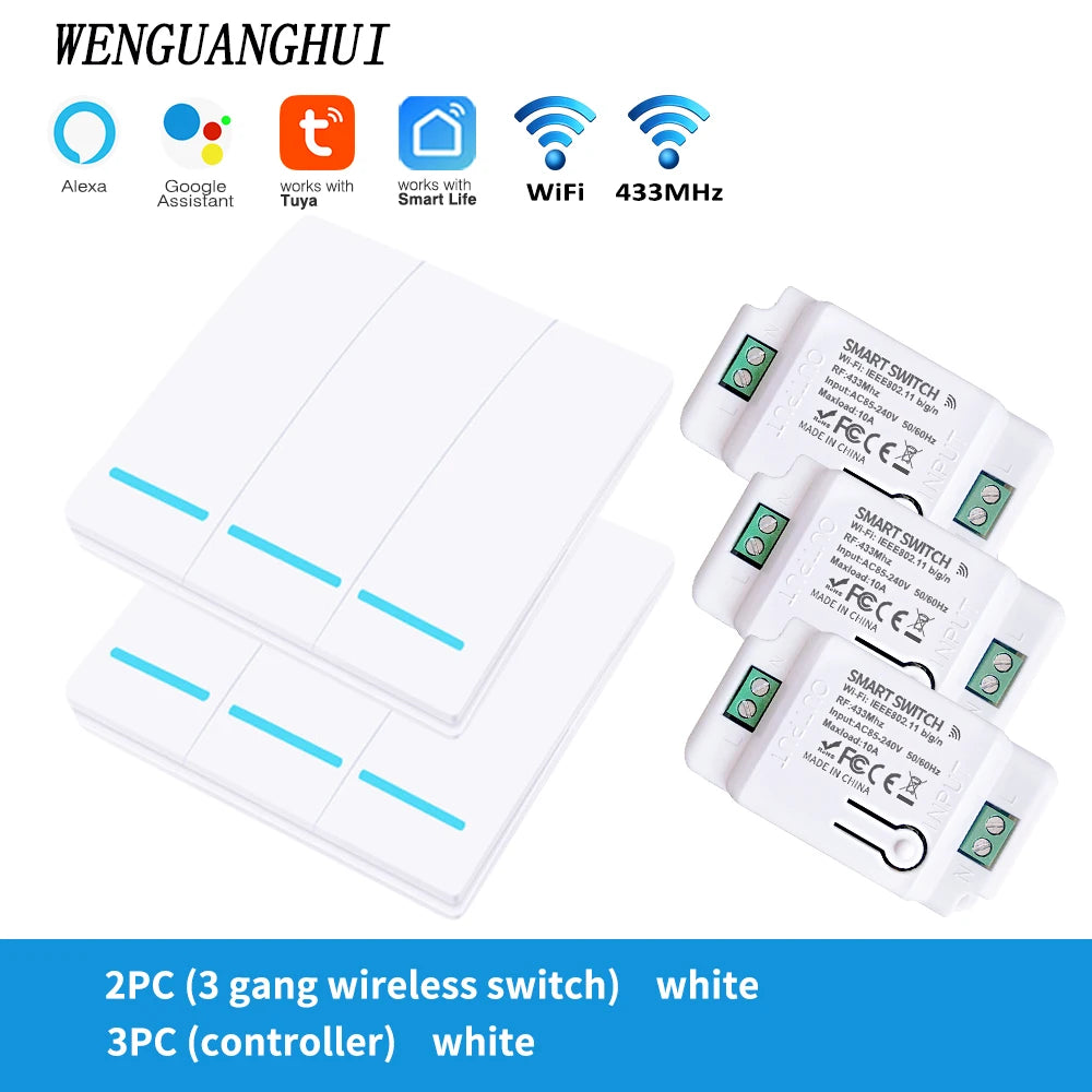 Tuya Smart Switch 1/2/3 Gang Wireless RF 433Mhz Push Button Panel,Smart Home Improvement Timer Module Supports Google Home Alexa